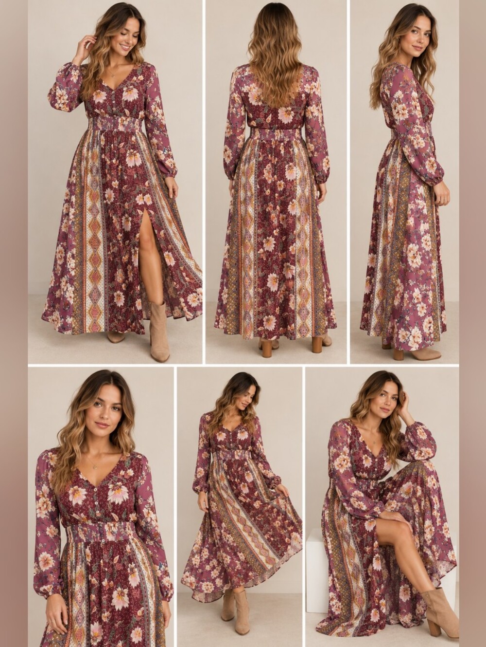 ODDY Boho Floral Patchwork Maxi Dress Size Small Burgundy Mauve